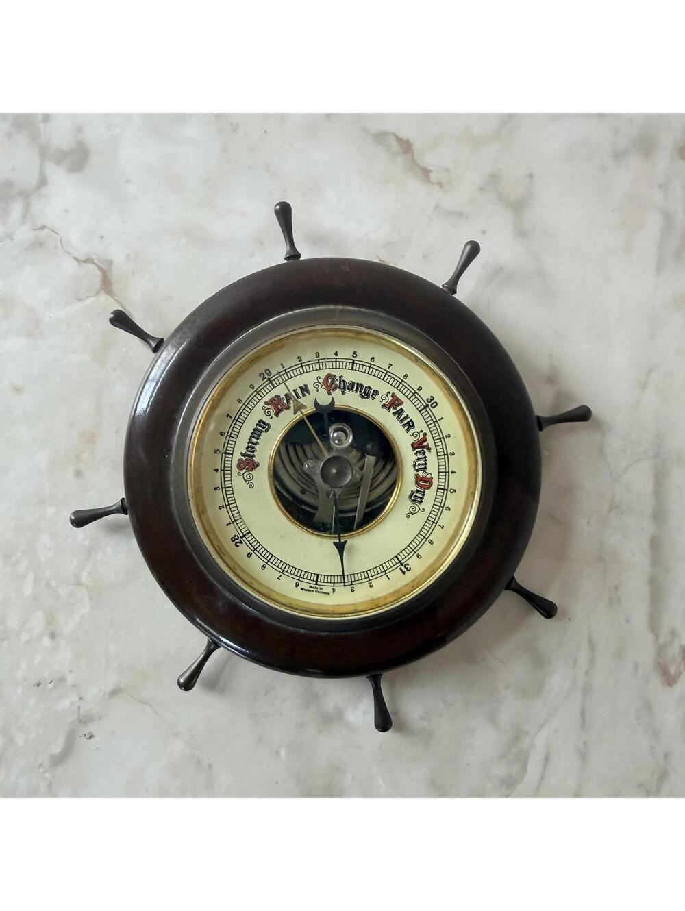 VTG Nautical Ship Wheel Barometer Weather Station Wood & Brass Maritime Decor